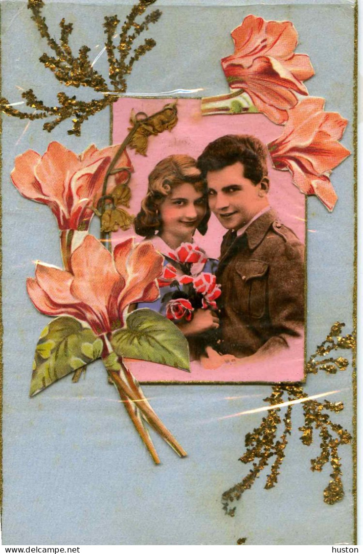 SAINT-VALENTIN - Couple D'amoureux, Militaire, Découpis, Pailletée - Saint-Valentin