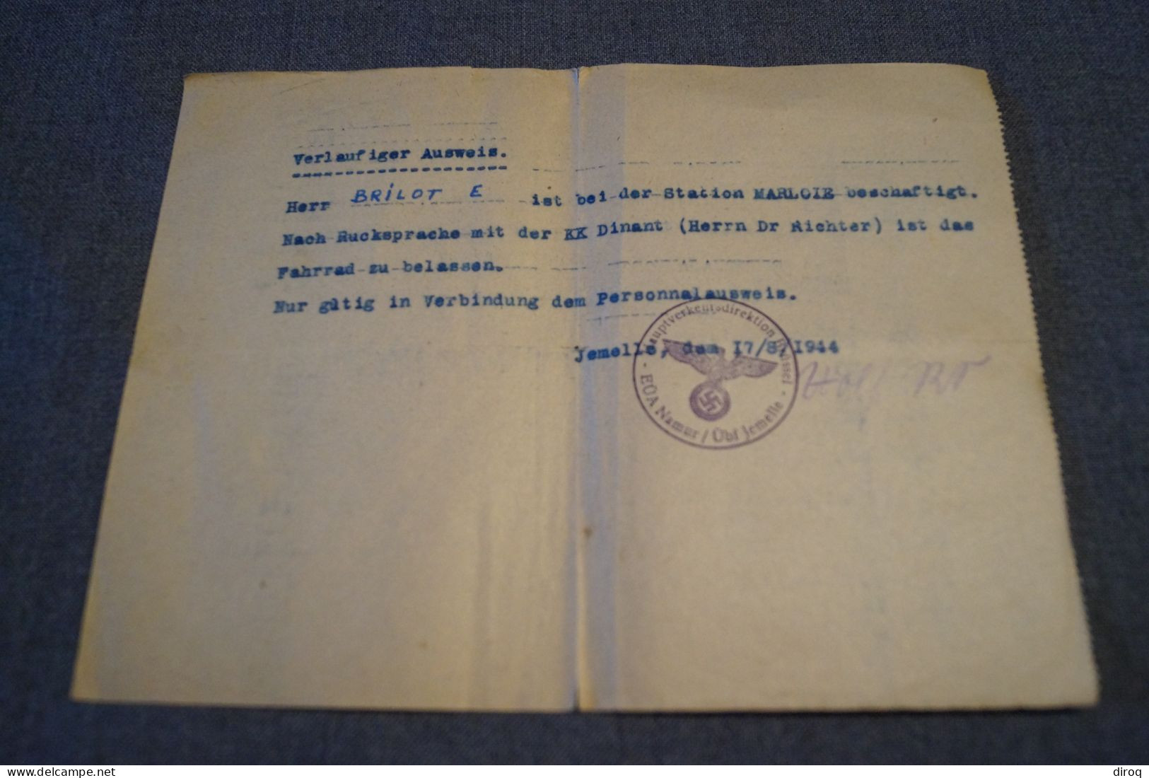 Jemelle,occupation Allemande,document Originale,daté Du 17/08/1944 - Historische Documenten