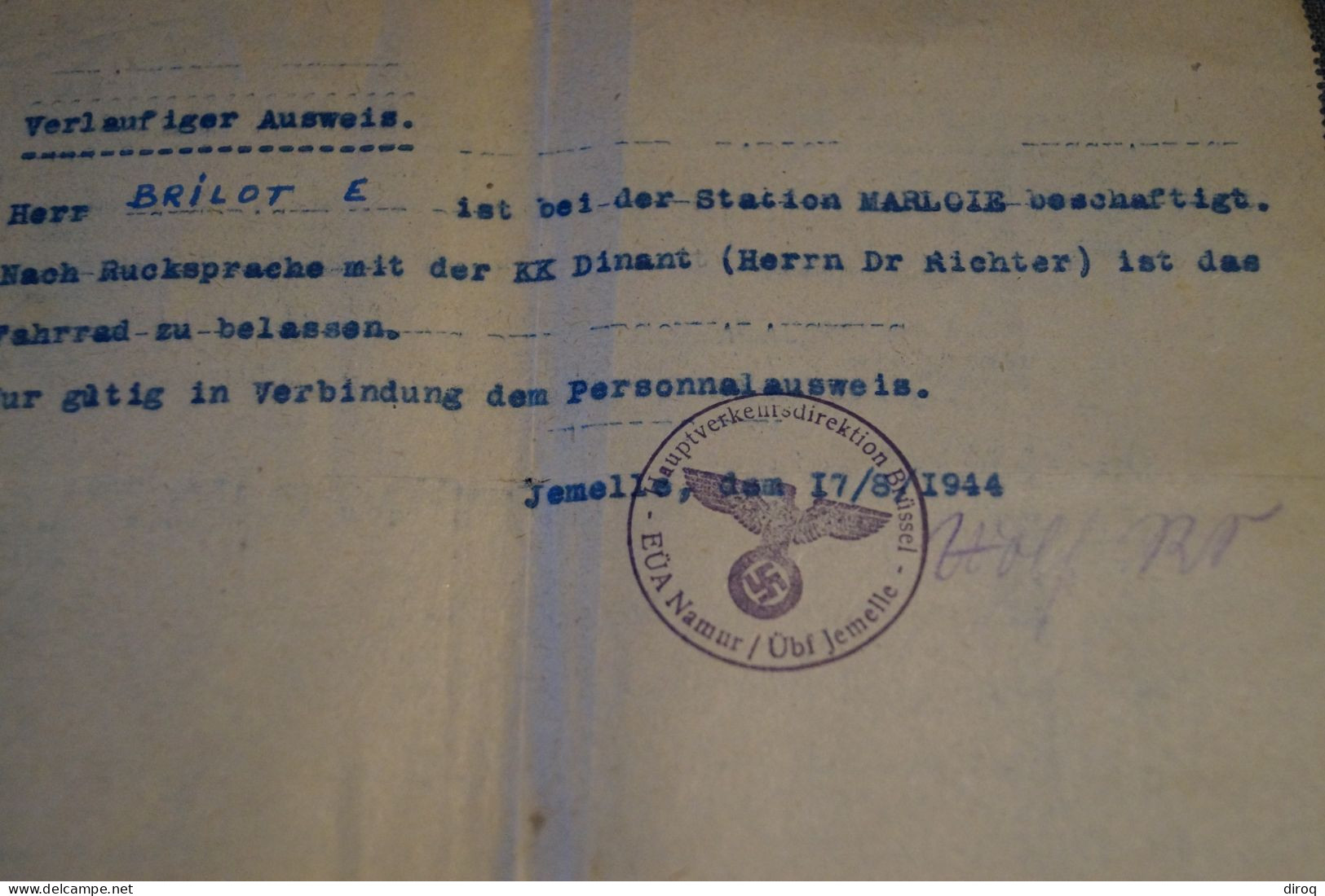 Jemelle,occupation Allemande,document Originale,daté Du 17/08/1944 - Historical Documents