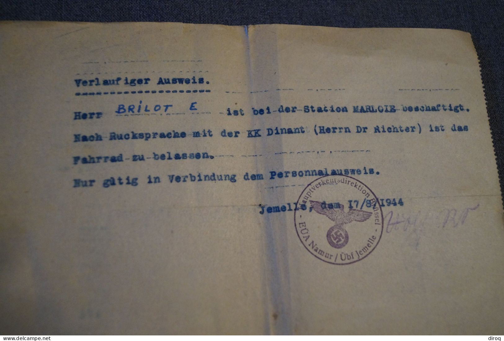 Jemelle,occupation Allemande,document Originale,daté Du 17/08/1944 - Historische Dokumente