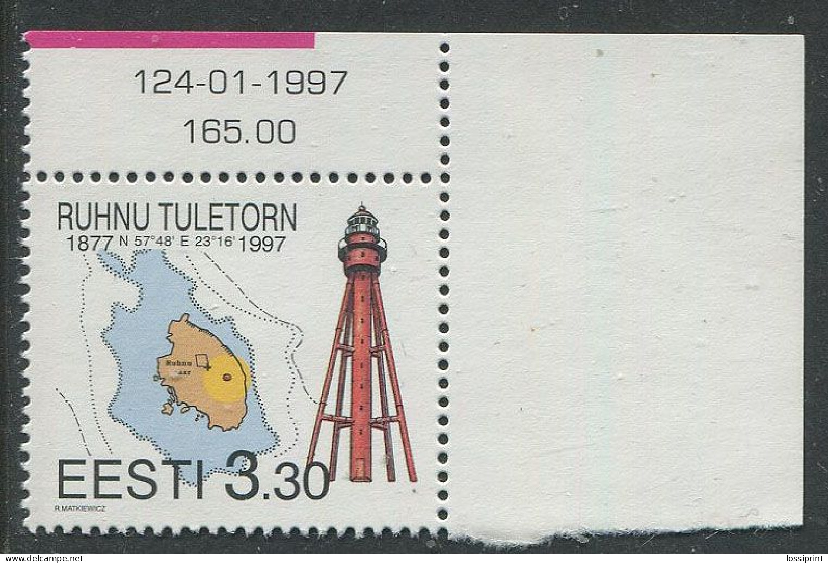 Estonia:Unused Stamp Ruhnu Lighthouse, Corner!, 1997, MNH - Estonie