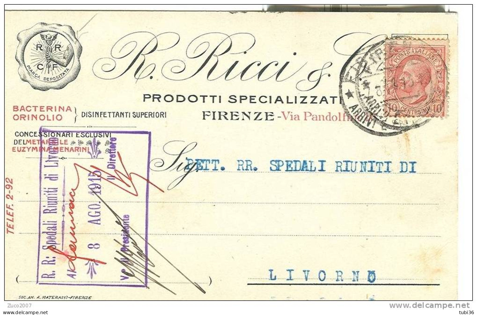 R.RICCI E C. - FIRENZE - PRODOTTI  SPECIALIZZATI -VIAGGIATA 1915. - Mercaderes