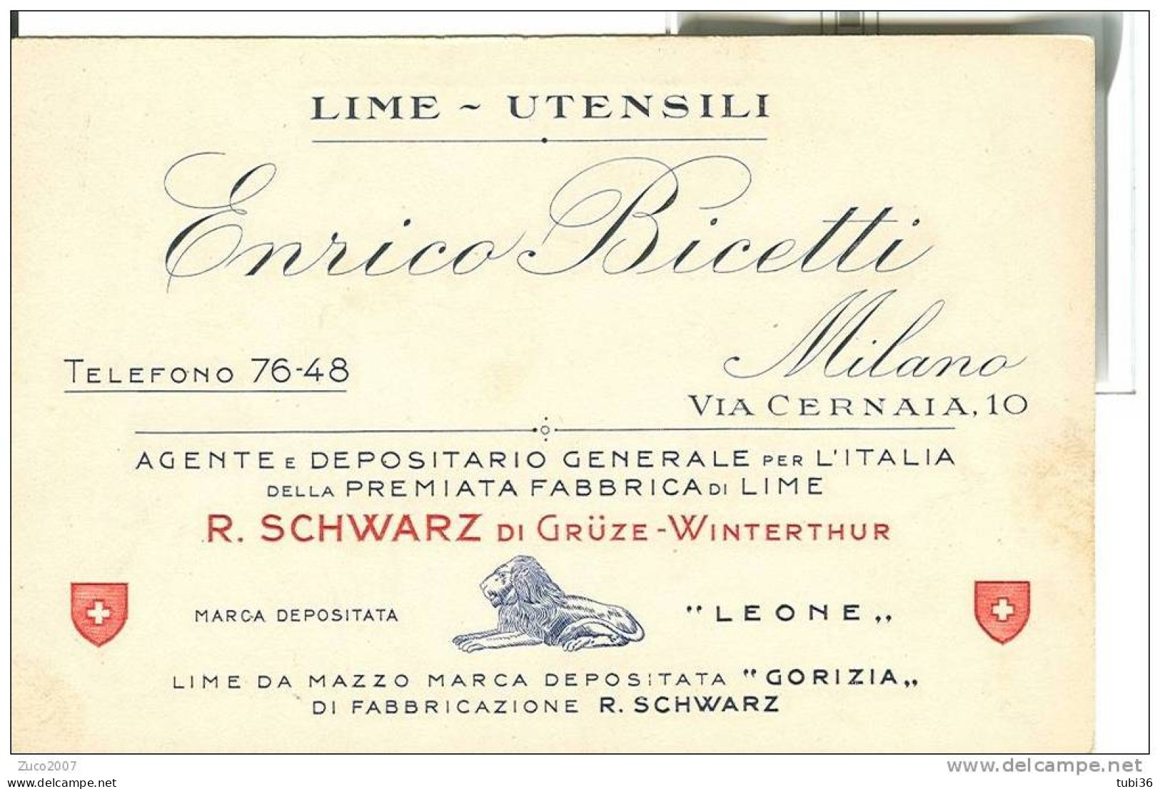 ENRICO BICETTI - MILANO - AGENTE DEPOSITARIO GENERALE - LIME UTENSILI. MARCA" LEONE" - Mercaderes