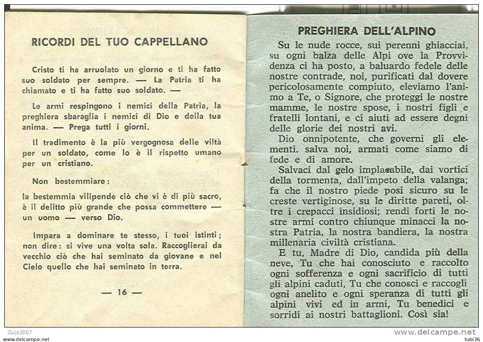 "IV CORPO D'ARMATA" 6° RGT. "CADORE" - PRECETTO PASQUALE  -1964 -PREGHIERA DELL'ALPINO - CAPPELLANO MILITARE - BELLUNO - Italiano