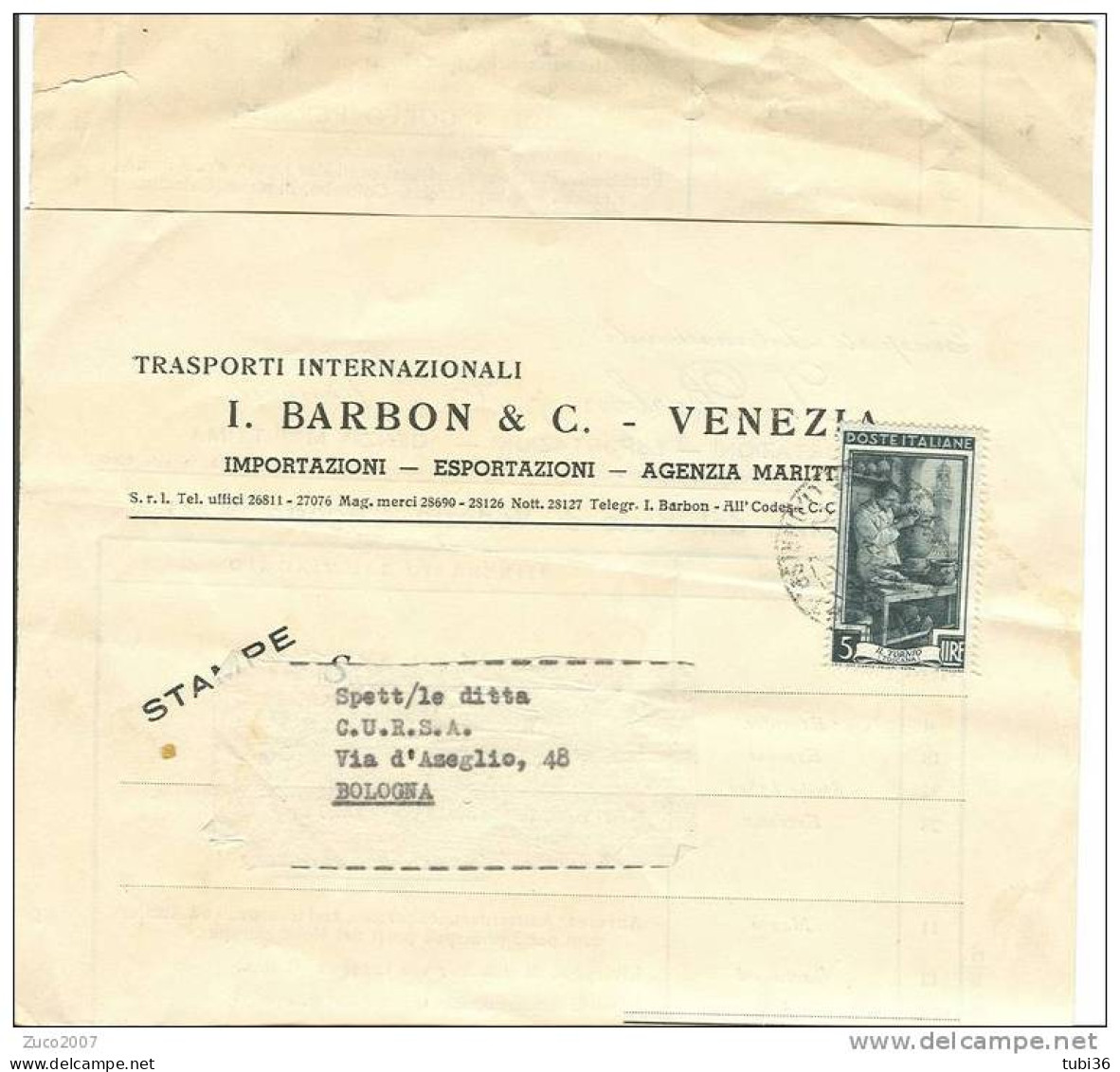 BARBON E C. - VENEZIA - TRASPORTI INTERNAZIONALI - CALENDARIO PARTENZE DAL PORTO DI VENEZIA  1952. - World