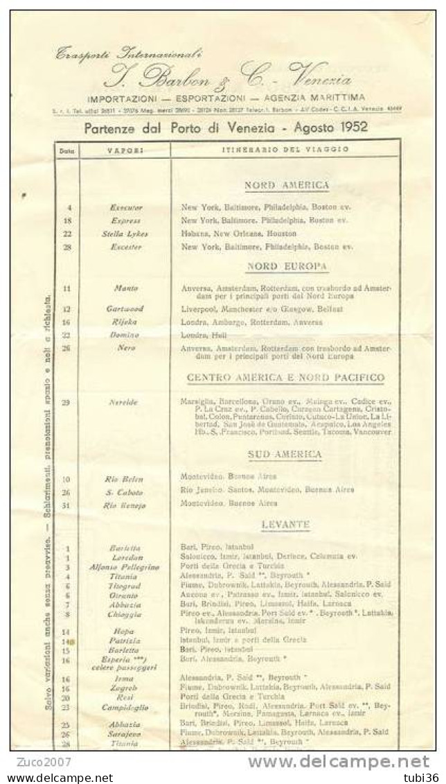 BARBON E C. - VENEZIA - TRASPORTI INTERNAZIONALI - CALENDARIO PARTENZE DAL PORTO DI VENEZIA  1952. - World