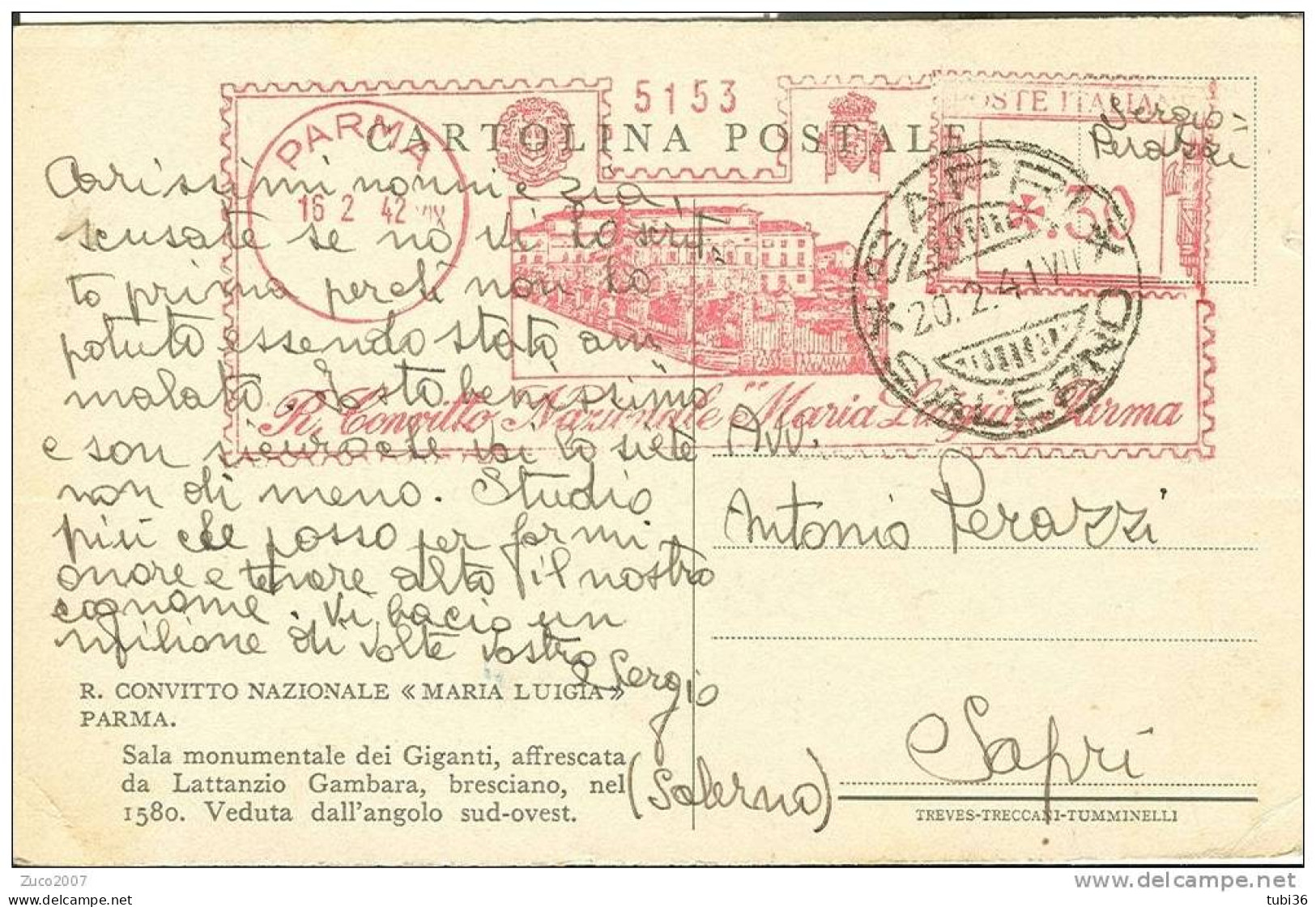 R. CONVITTO NAZIONALE MARIA LUIGIA PARMA - VIAGGIATO 1942 - TIMBRO ROSSO  16/2/1942 DA PARMA A SAPRI (SALERNO). - Publicité