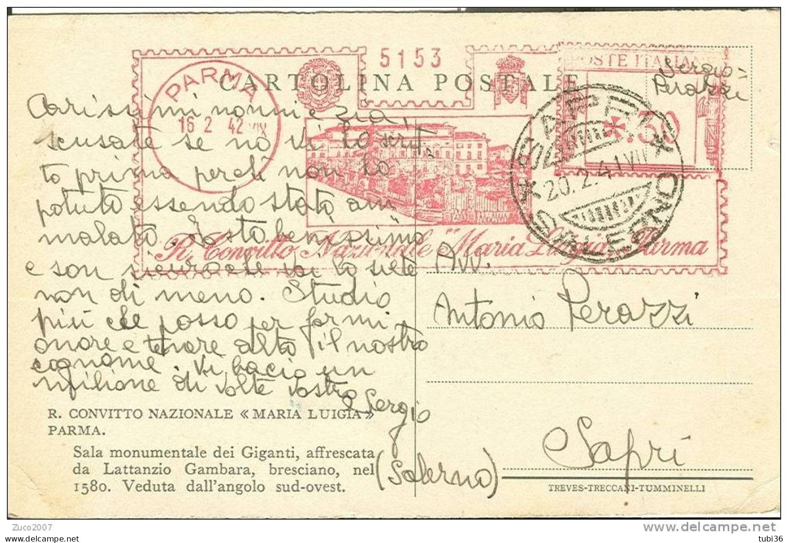 R. CONVITTO NAZIONALE MARIA LUIGIA PARMA - VIAGGIATO 1942 - TIMBRO ROSSO  16/2/1942 DA PARMA A SAPRI (SALERNO). - Reclame