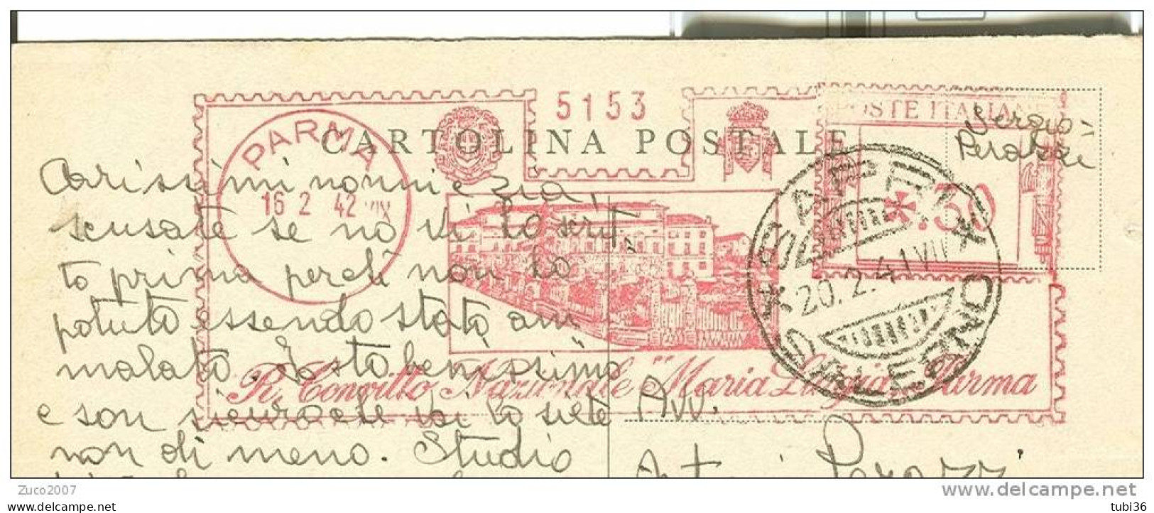 R. CONVITTO NAZIONALE MARIA LUIGIA PARMA - VIAGGIATO 1942 - TIMBRO ROSSO  16/2/1942 DA PARMA A SAPRI (SALERNO). - Reklame