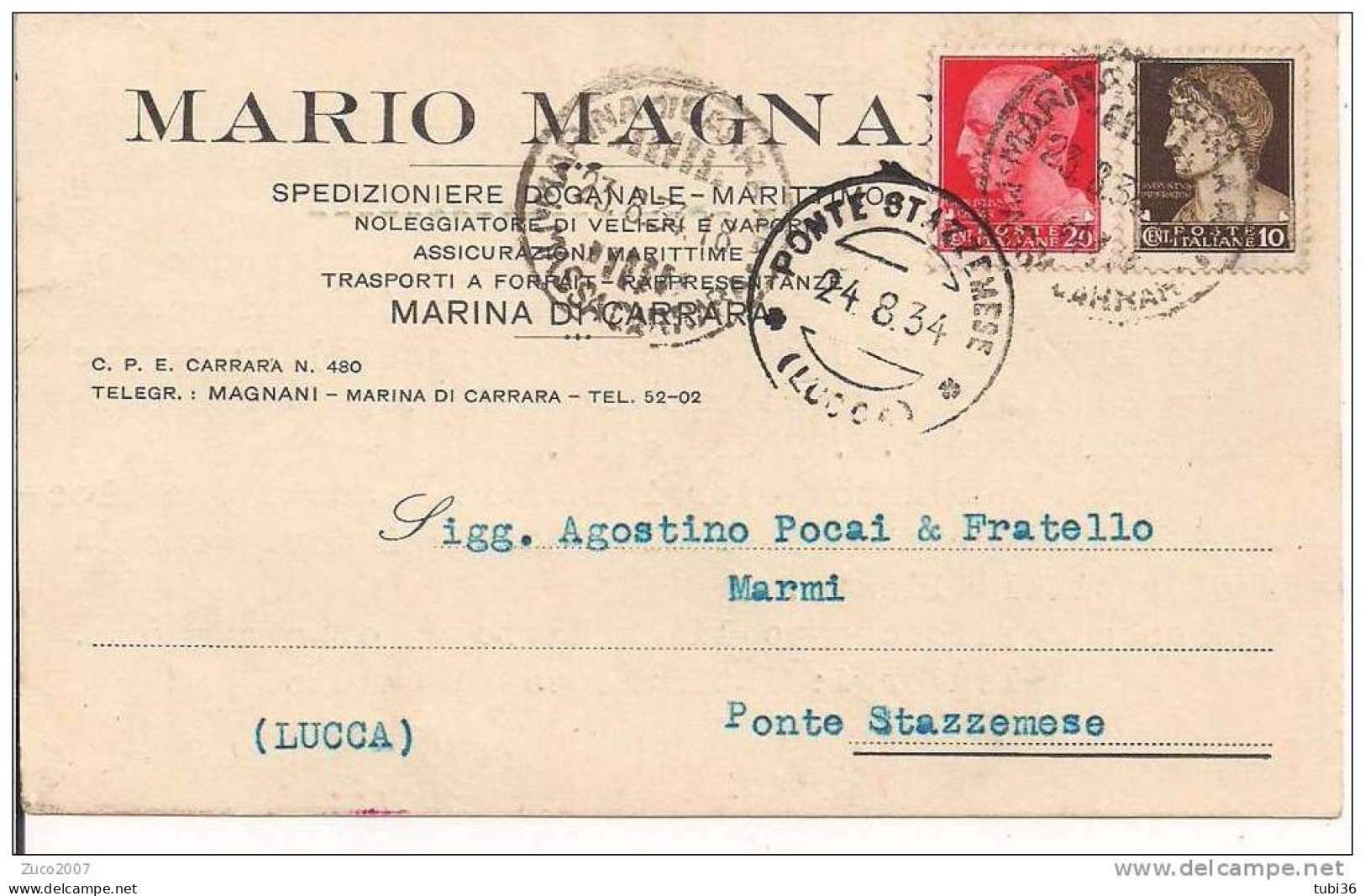 MARIO MAGNANI - MARINA DI CARRARA - CARTOLINA COMMERCIALE  VIAGGIATA  1934 - - Carrara