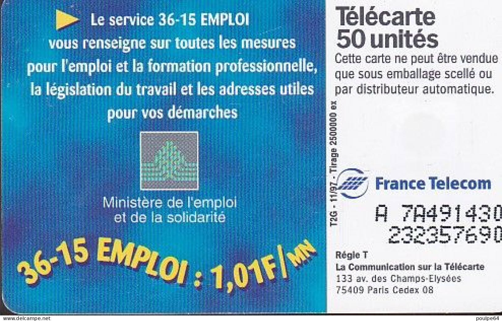 F804 11/1997 - 36.15 EMPLOI - 50 SO3- (verso : N° Impacts A+7+A+6 Chiffres Deux Lignes - 2ème Ligne Vers La Droite) - 1997