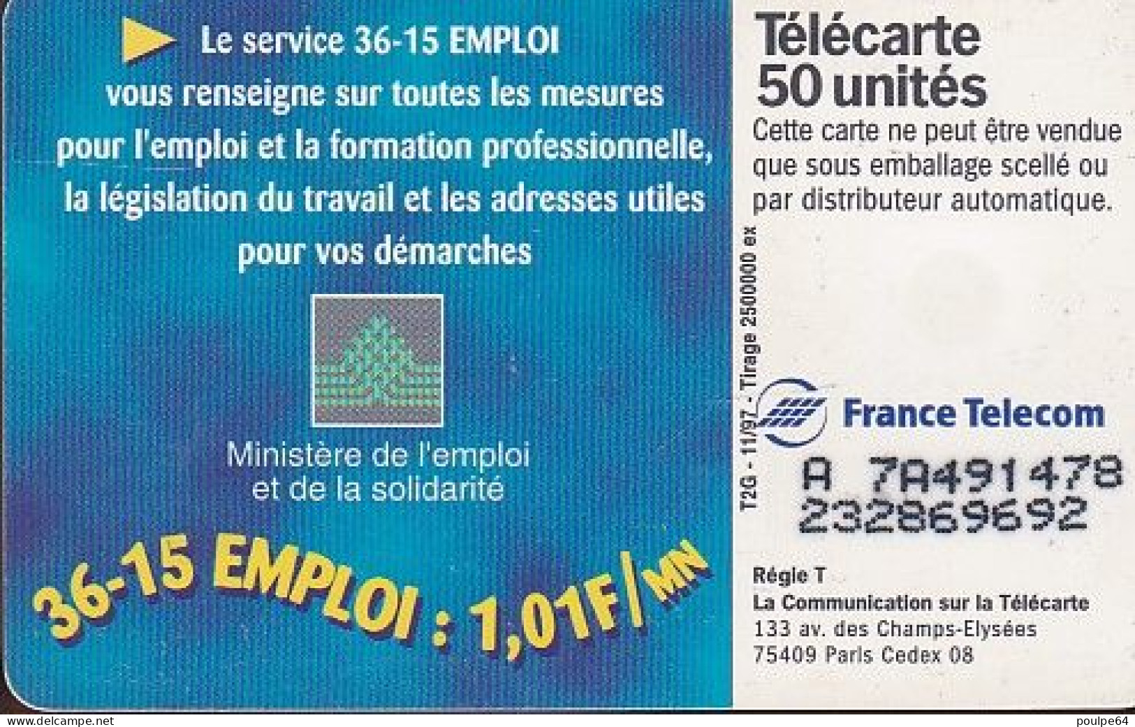 F804 11/1997 - 36.15 EMPLOI - 50 SO3- (verso : N° Impacts A+7+A+6 Chiffres Deux Lignes - 2ème Ligne Vers La Gauche) - 1997