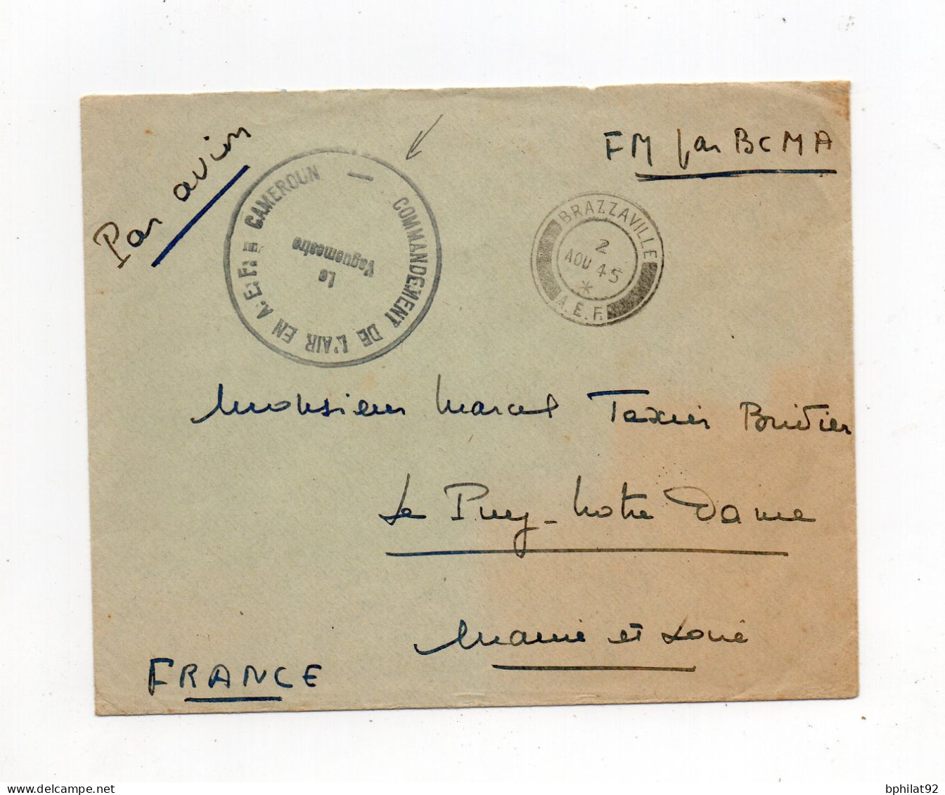 !!! AEF, LETTRE EN FRANCHISE PAR AVION DE 1945 POUR LE PUY, CACHET COMMANDEMENT DE L'AIR EN AEF CAMEROUN - Cartas & Documentos