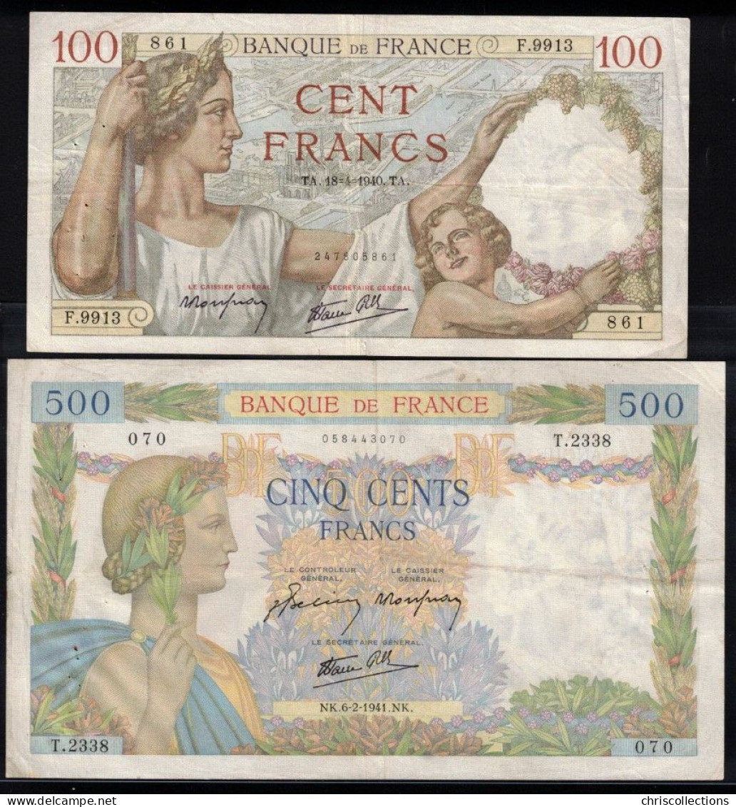 FRANCE - Lot De 2 Billets Français - 100 F SULLY 18/4/1940 - F26/27 - TTB --- 500 F La Paix - 6/2/1941 - F32/14 - TTB - 500 F 1940-1944 ''La Paix''