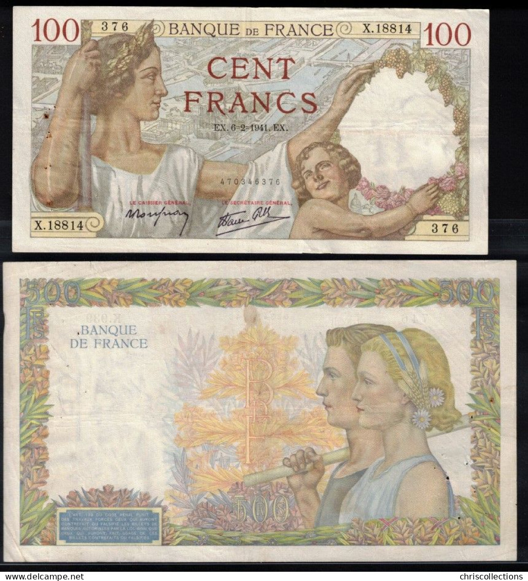 FRANCE - Lot De 2 Billets Français - 100 F SULLY 6/2/1941 - F26/46 - TTB --- 500 F La Paix - 26/9/1940 - F32/6 - TB/TB+ - 500 F 1940-1944 ''La Paix''