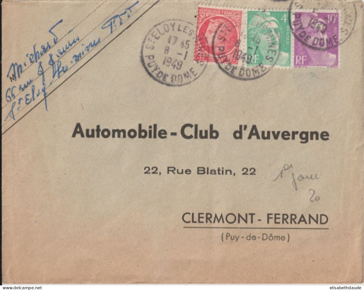 6 JANVIER 1949 - 1° JOUR DU TARIF ! GANDON + MAZELIN - ENV. De ST ELOY LES MINES => AUTOMOBILE CLUB AUVERGNE - Postal Rates