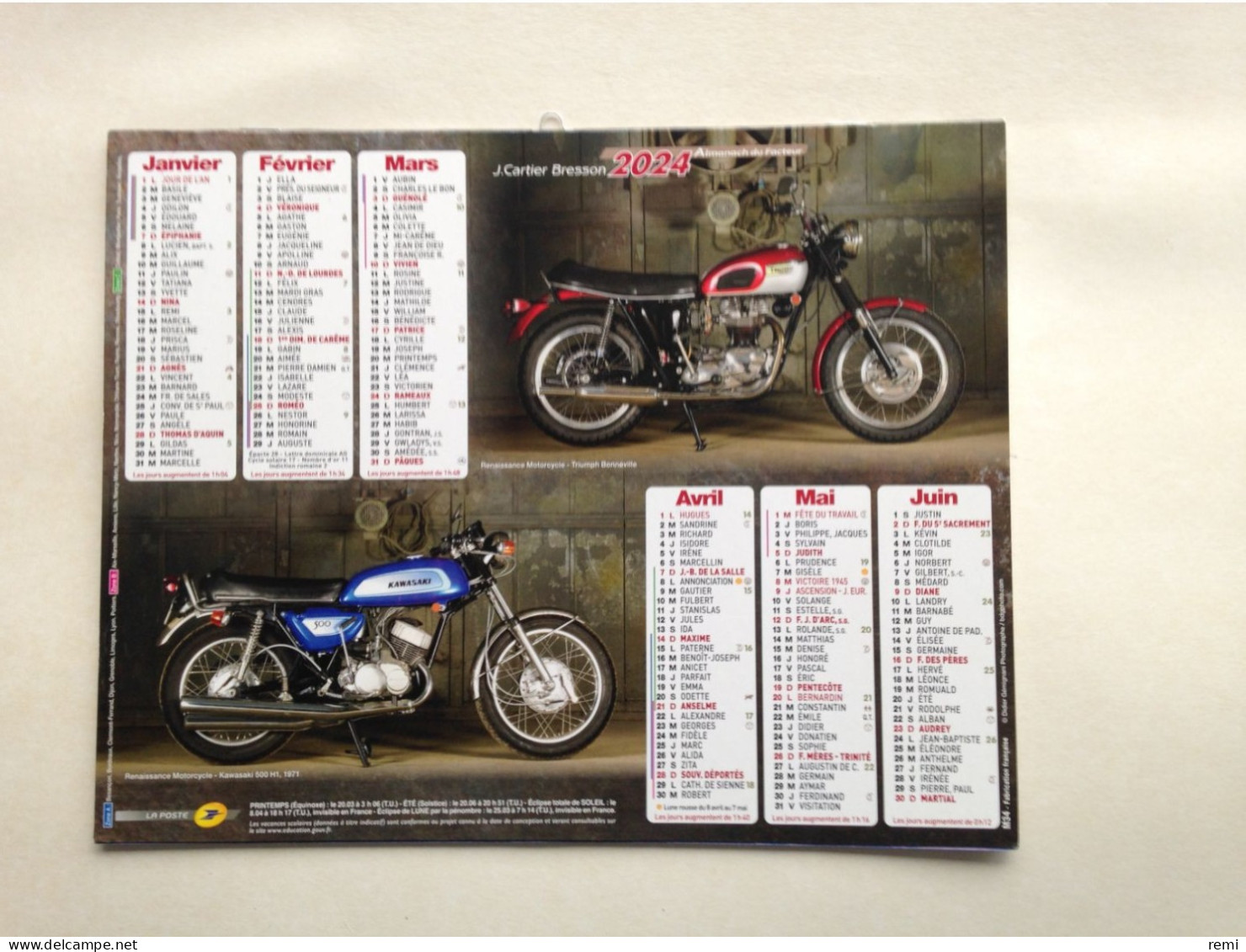 MOTOS ANCIENNES HARLEY-DAVIDSON HENDERSON TRIUMPH KAWASAKI CALENDRIER 2024 ALMANACH POSTES Département YONNE 89 - Grand Format : 2001-...