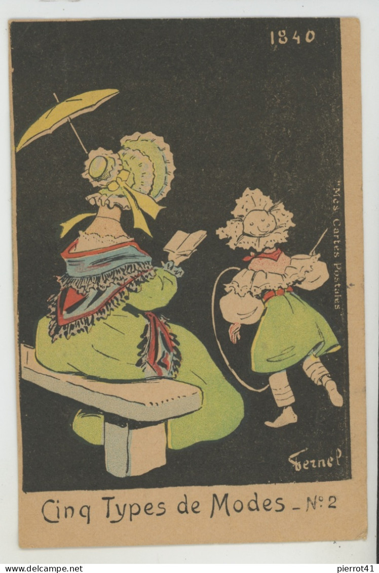 Illustrateur FERNEL - Carte Fantaisie Femme Avec Ombrelle Sur Un Banc Et Fillette Jouant Au Cerceau "CINQ TYPES DE MODES - Fernel