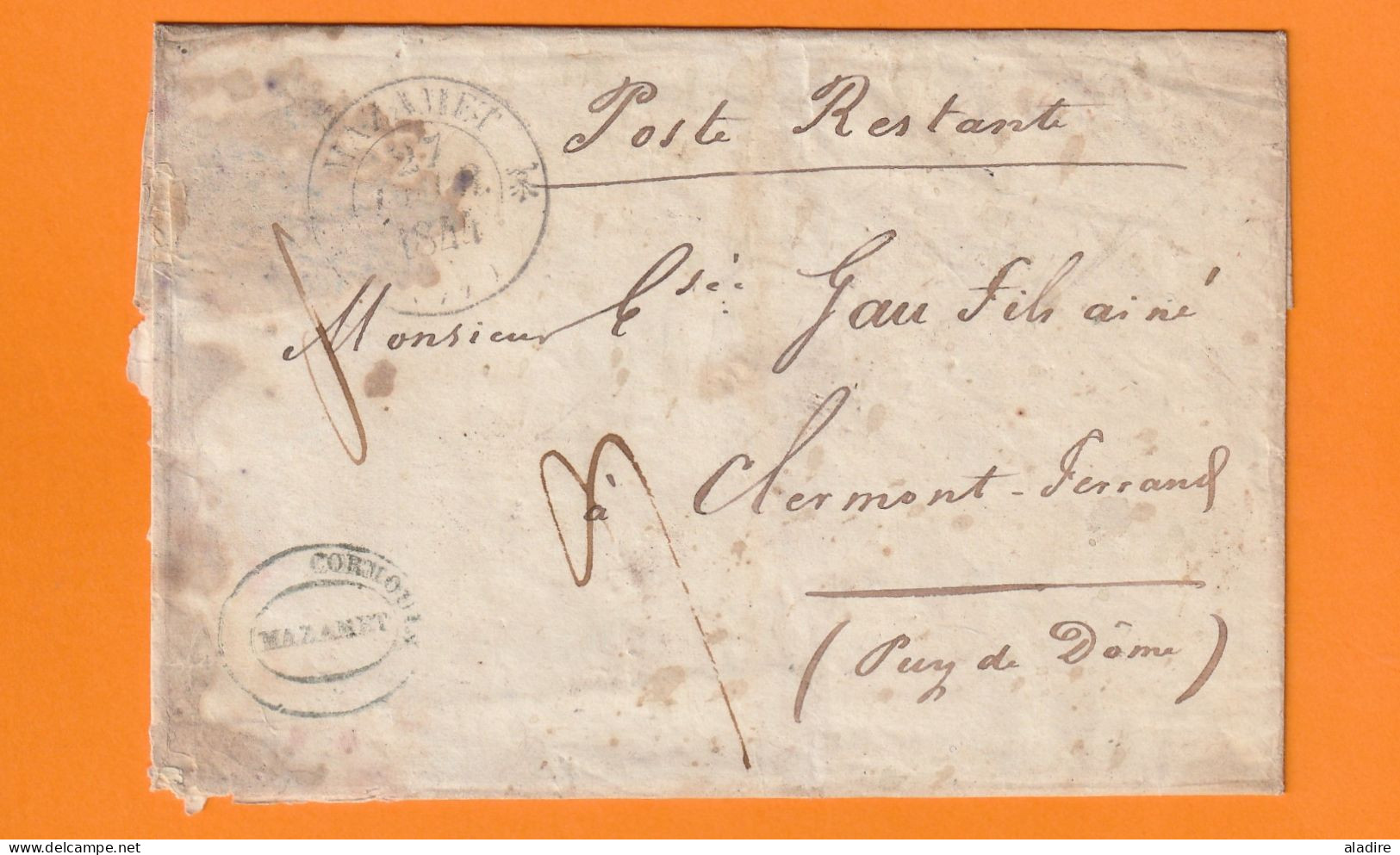 1844 - Enveloppe Pliée De MAZAMET, Tarn (fleurons Simples) Vers CLERMONT FERRAND - POSTE RESTANTE - 1801-1848: Vorläufer XIX