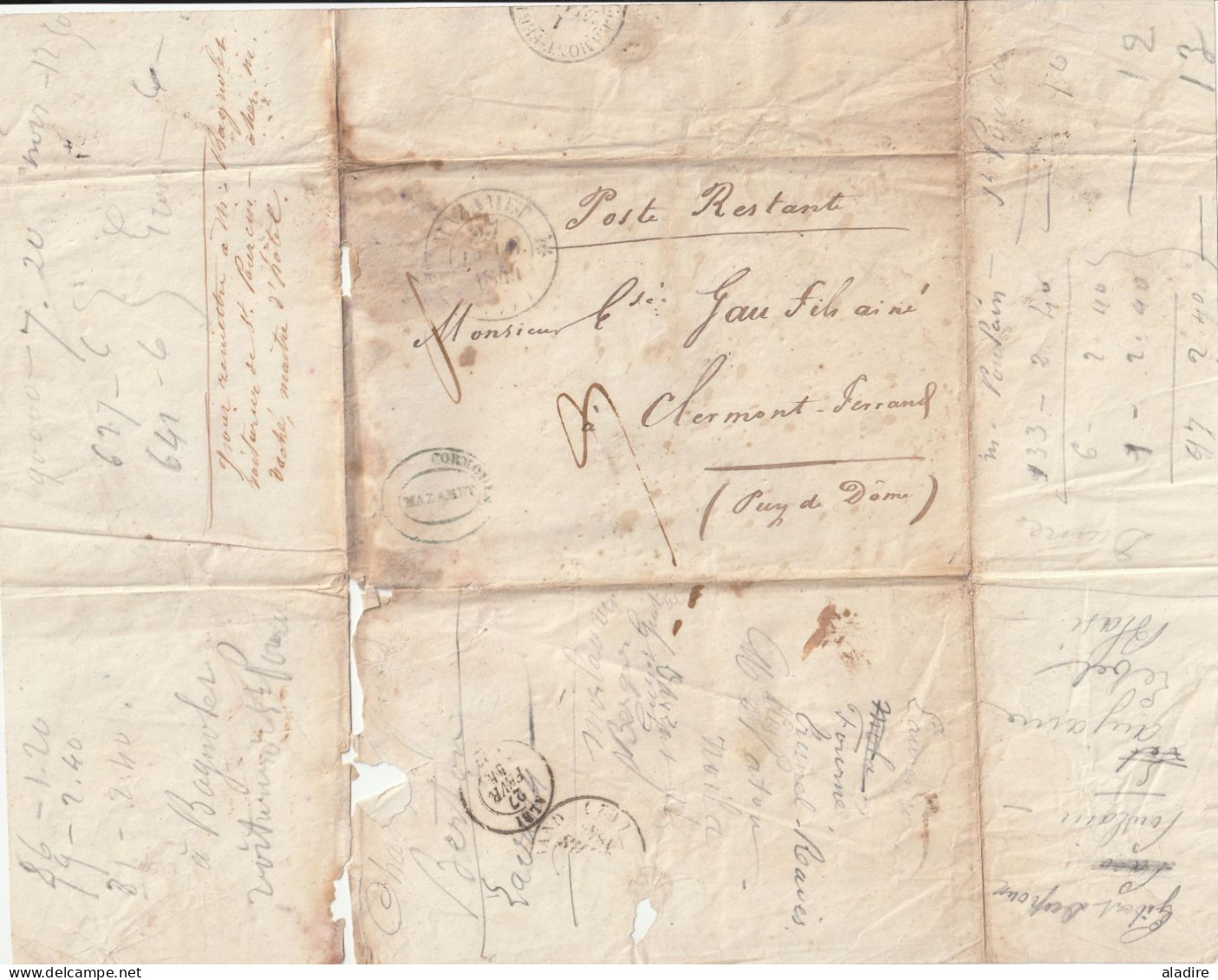 1844 - Enveloppe Pliée De MAZAMET, Tarn (fleurons Simples) Vers CLERMONT FERRAND - POSTE RESTANTE - 1801-1848: Précurseurs XIX