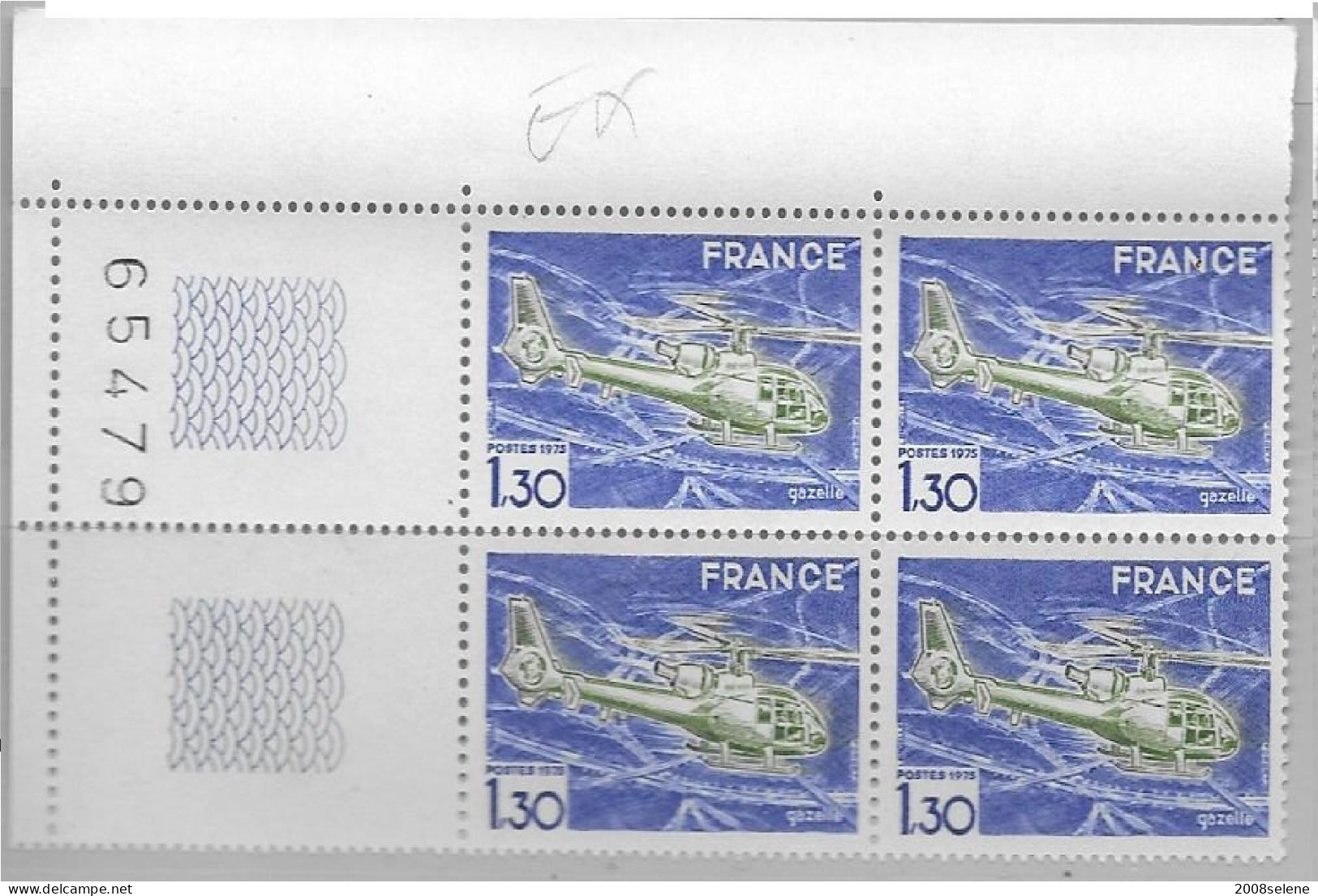1975 Bloc De 4 Coin Numéroté Hélicoptère Gazelle Neuf ** N°1805 - 1960-1969