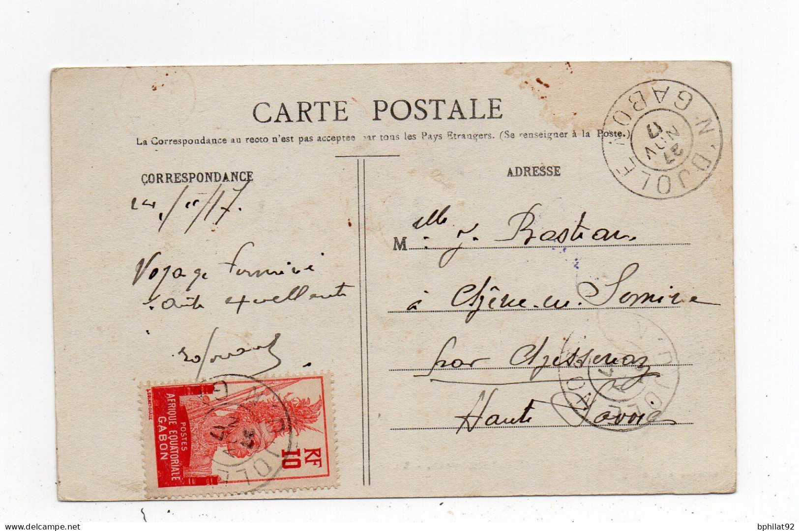 !!! GABON, CPA DE N'DORO POUR LA FRANCE CACHET DE N'DJOLE DE 1917 - Storia Postale