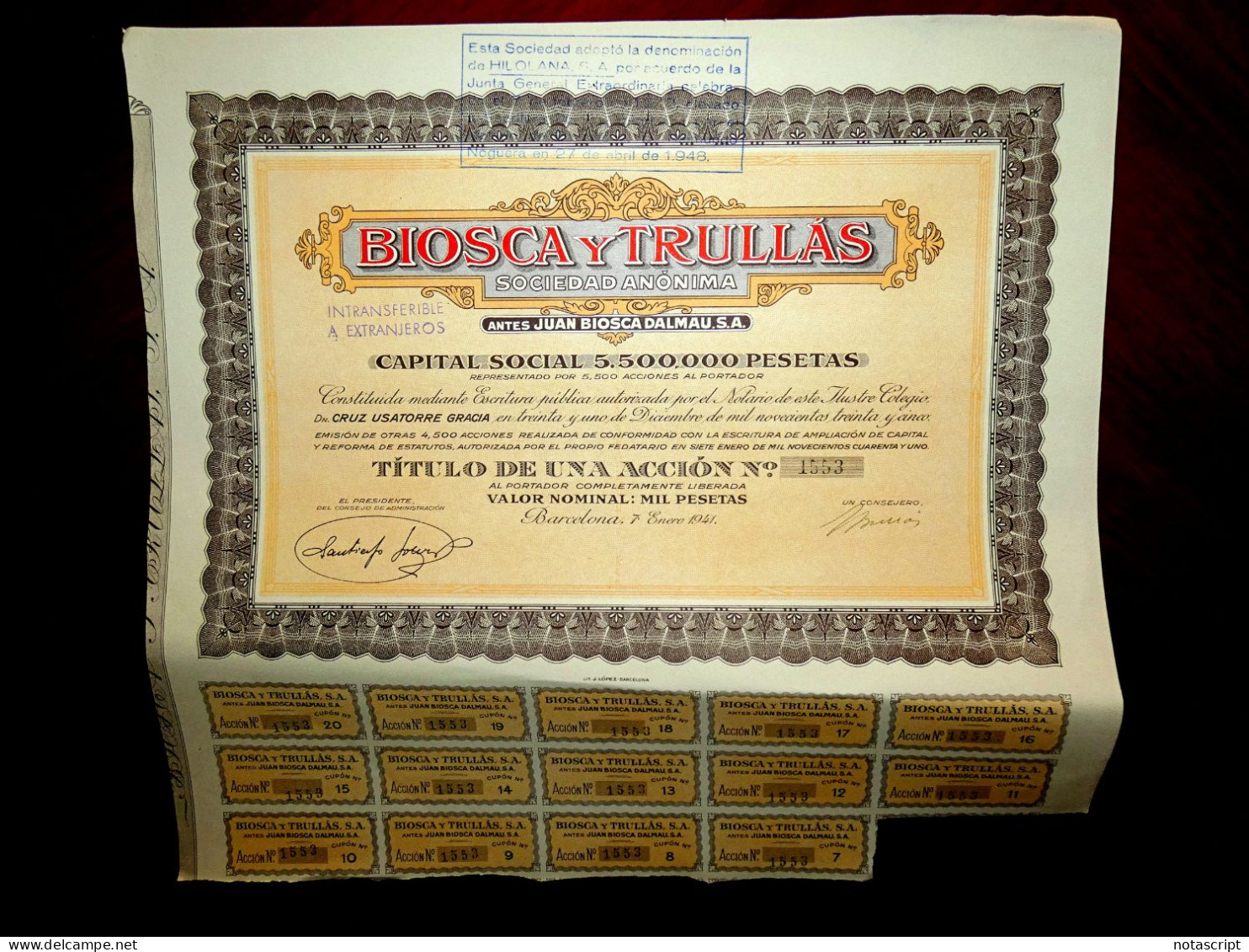 Biosca Y Trullás, Barcelona 1941 Share Certificate - Textil