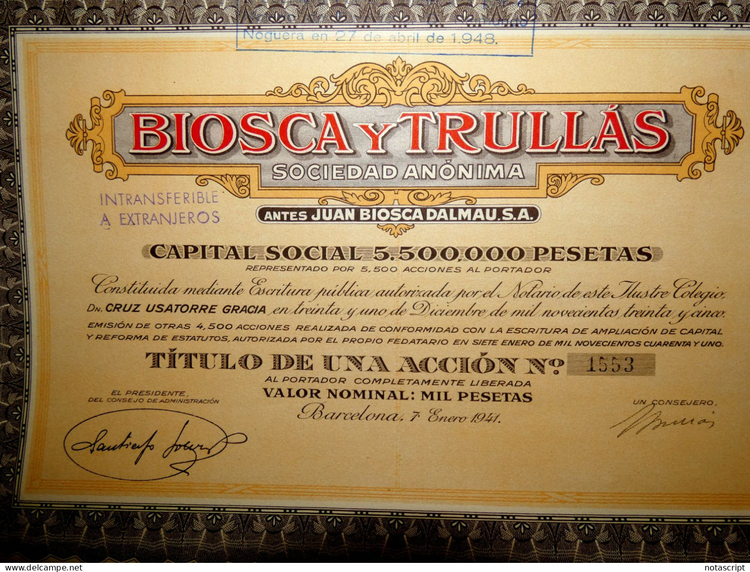 Biosca Y Trullás, Barcelona 1941 Share Certificate - Textiel