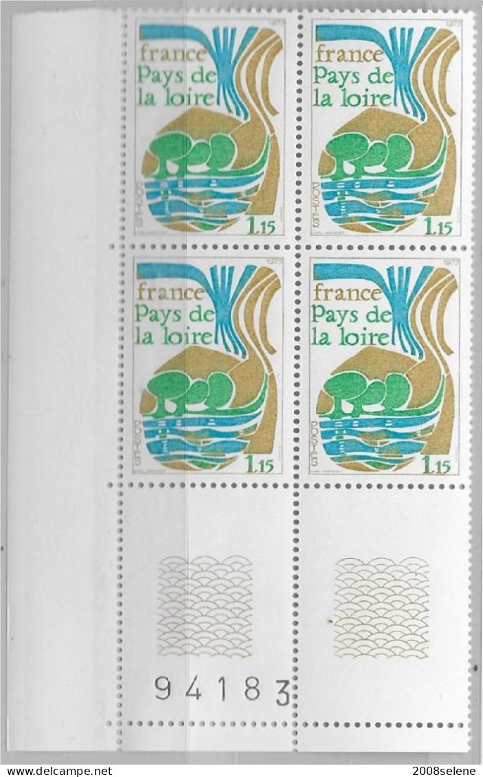 1975 Bloc De 4 Coin Numéroté Pays De Loire Neuf ** N°1849 - 1960-1969