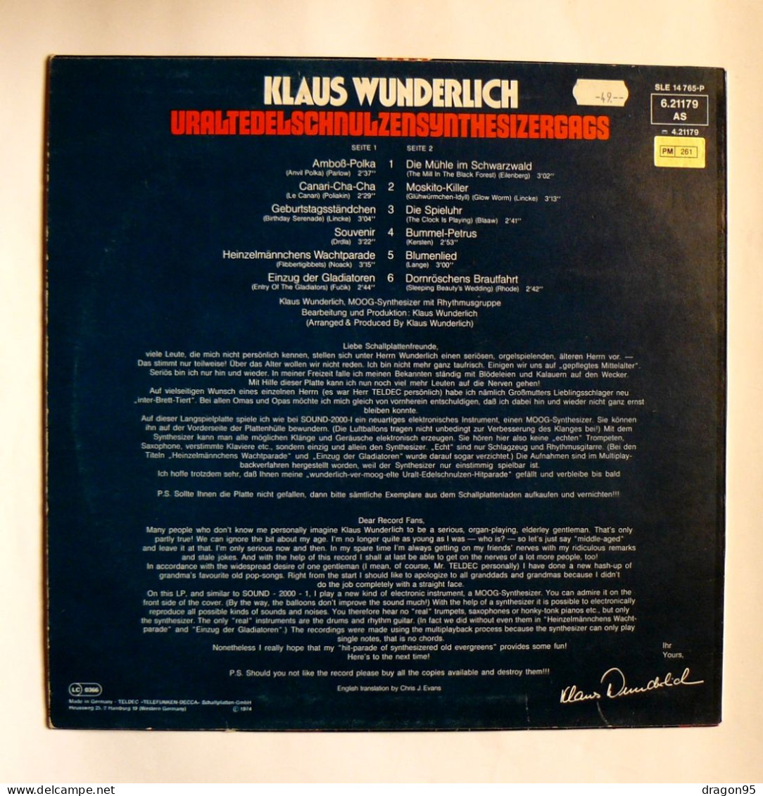 LP Klaus WUNDERLICH : Uraltedelschulzensynthesisergags - Telefunken 6.21179 AS - Allemagne - 1979 - Disco, Pop