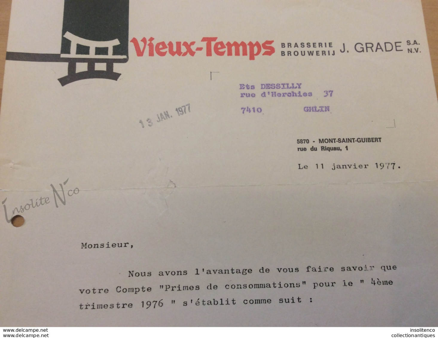 Quittance  De La Brasserie  J. Grade De Mont St-Guibert (Vieux-Temps) -13 Janvier 1977 - 1950 - ...