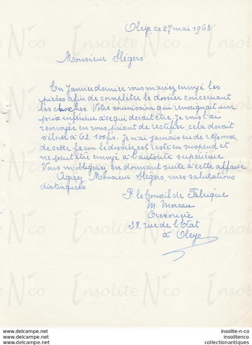 Courrier Du Trésorier Du Conseil De Fabrique D'Oleye  Adressée à Slégers Fondeur De Cloches à Tellin Mai 1963 - Ambachten