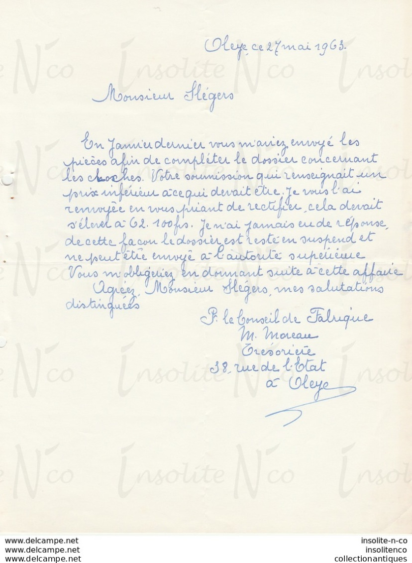 Courrier Du Trésorier Du Conseil De Fabrique D'Oleye  Adressée à Slégers Fondeur De Cloches à Tellin Mai 1963 - Old Professions