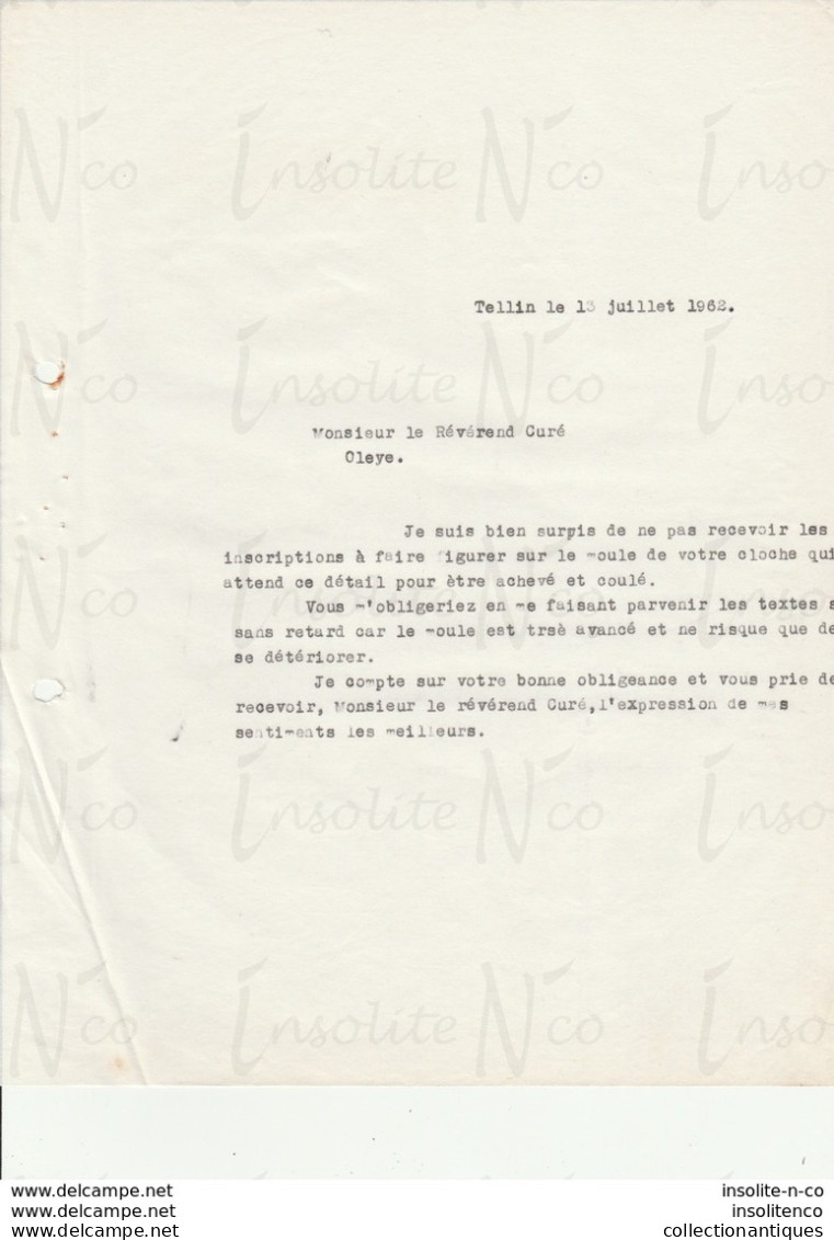 Lettre Papier Pelure Adressée Au Curé D'Oleye Réclamation Des Inscriptions à Mettre Sur La Cloche 13/07/1962 - Petits Métiers