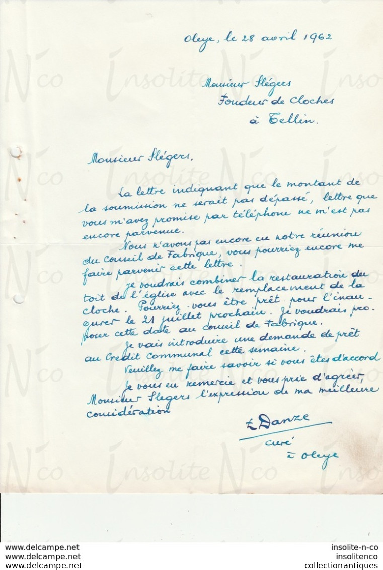 Courrier Adressé à Slégers Fondeur De Tellin Rappel De Fourniture De La Soumission Fourniture De La Cloche 28 Avril 1962 - Petits Métiers