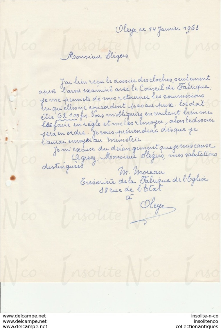 Courrier Adressé à Slégers Fondeur De Tellin Problème De Prix De Fourniture De La Cloche 14 Janvier 1963 - Old Professions