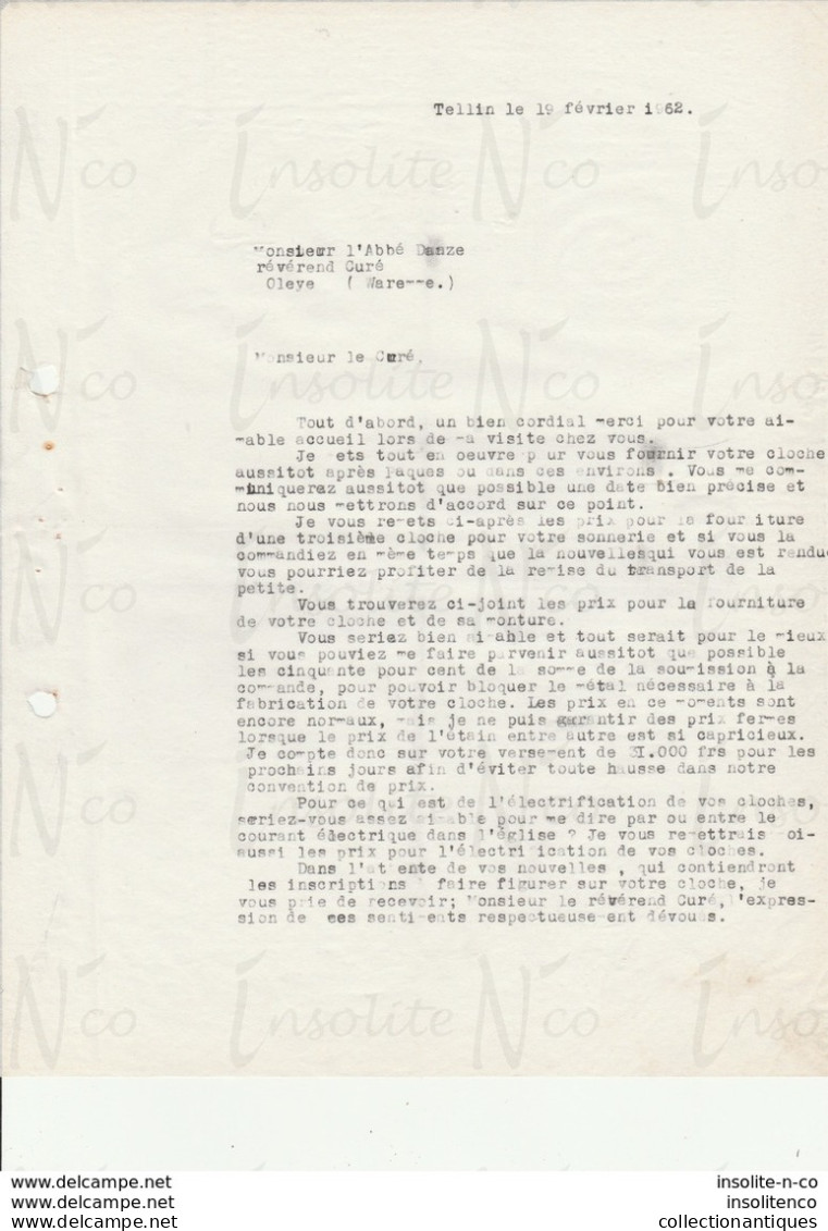 Lettre Papier Pelure Adressé à L'abbé Danze D'Oleye Pour La Fourniture D'une Troisième Cloche  Datée Du 19/02/1962 - Ambachten