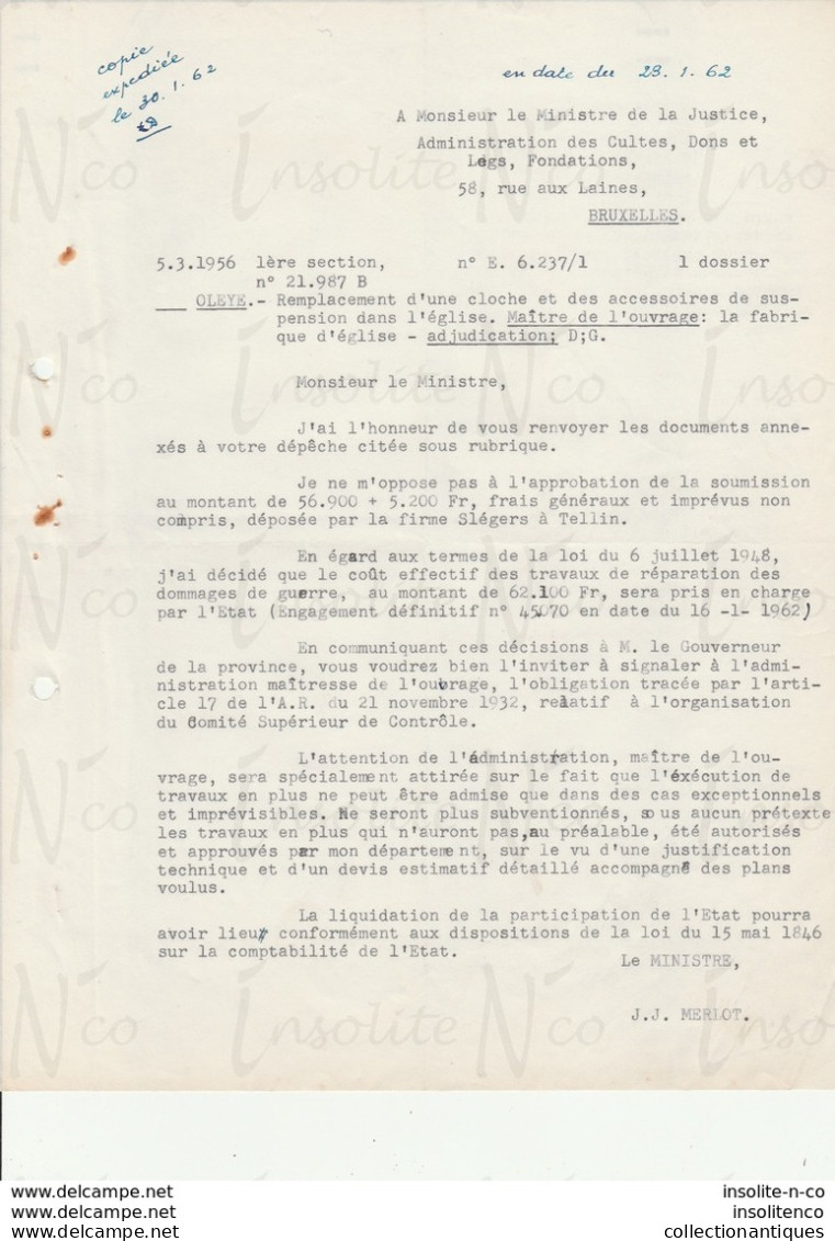 Courrier Adressé à Slégers Par L'abbé Danze Transmission Copie Du Courrier Adressé Au Ministre 29/01/1962 - Old Professions