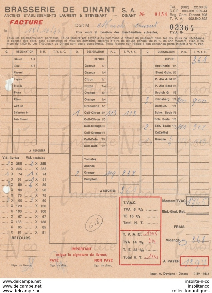 Facture De La Brasserie De Dinant (Anc Laurent & Stevenart) Adressée Au Marché Couvert Datée Du 18/12/74 - Old Professions