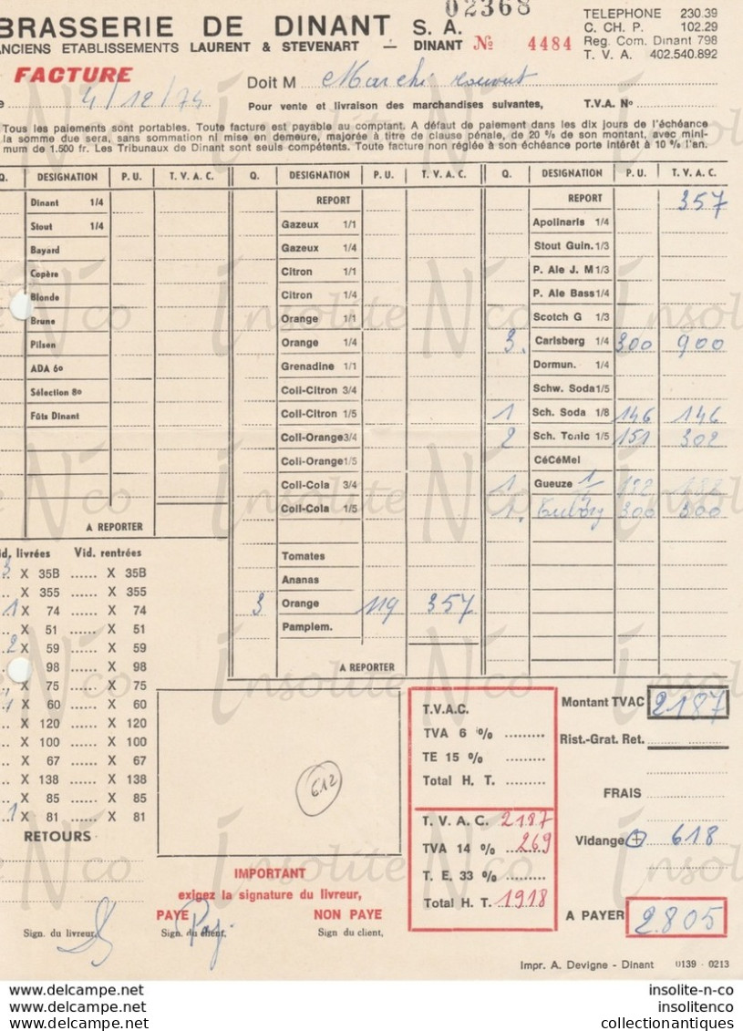 Facture De La Brasserie De Dinant (Anc Laurent & Stevenart) Adressée Au Marché Couvert Datée Du 04/12/74 - Ambachten