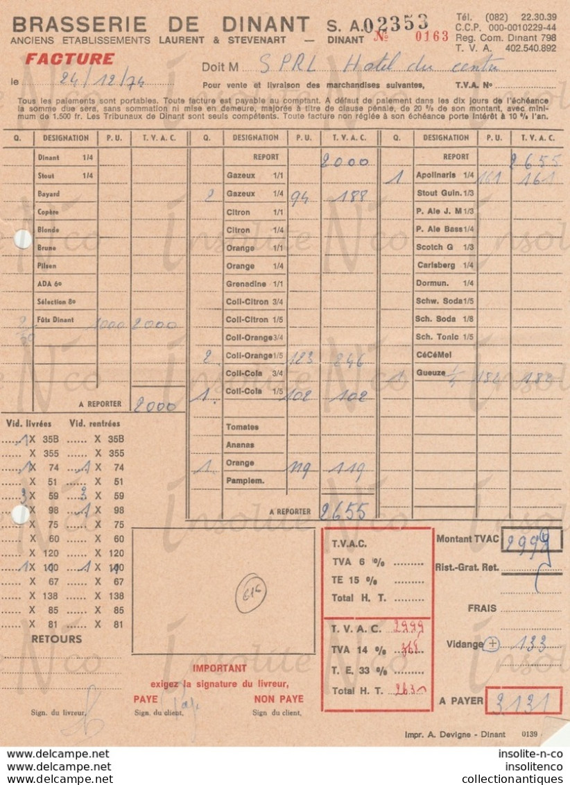 Facture De La Brasserie De Dinant (Anc Laurent & Stevenart) Adressée à L'Hôtel Du Centre Datée Du 24/12/74 - Ambachten