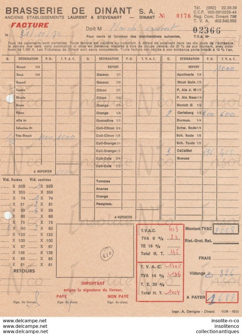 Facture De La Brasserie De Dinant (Anc Laurent & Stevenart) Adressée Au Marché Couvert Datée Du 31/12/74 - Ambachten