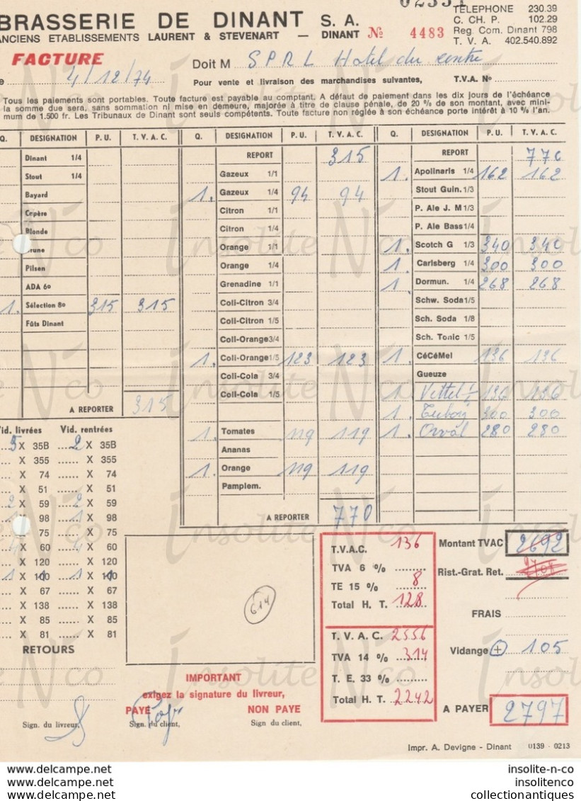 Facture De La Brasserie De Dinant (Anc Laurent & Stevenart) Adressée à L'Hôtel Du Centre Datée Du 04/12/74 - Straßenhandel Und Kleingewerbe