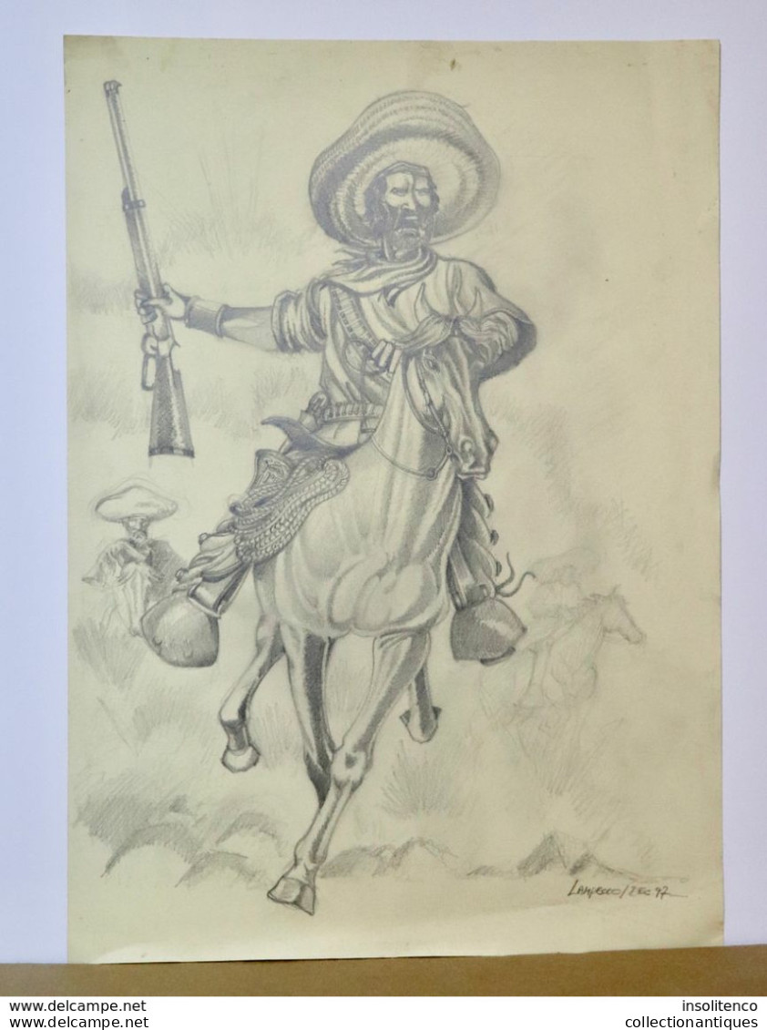 Grand Dessin Original Au Crayon De Pascal Lampecco (dans Le Style De Giraud Et Hermann) - Le Mexicain - 1997 - Signé - Original Drawings