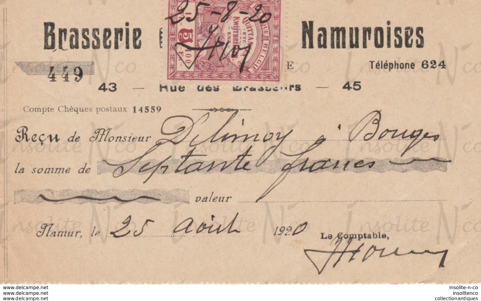 Reçu De La S.A. Brasserie Et Malterie Namuroises Rue Des Brasseurs 43-45 Namur Datée Du 25 Août 1920 - Old Professions