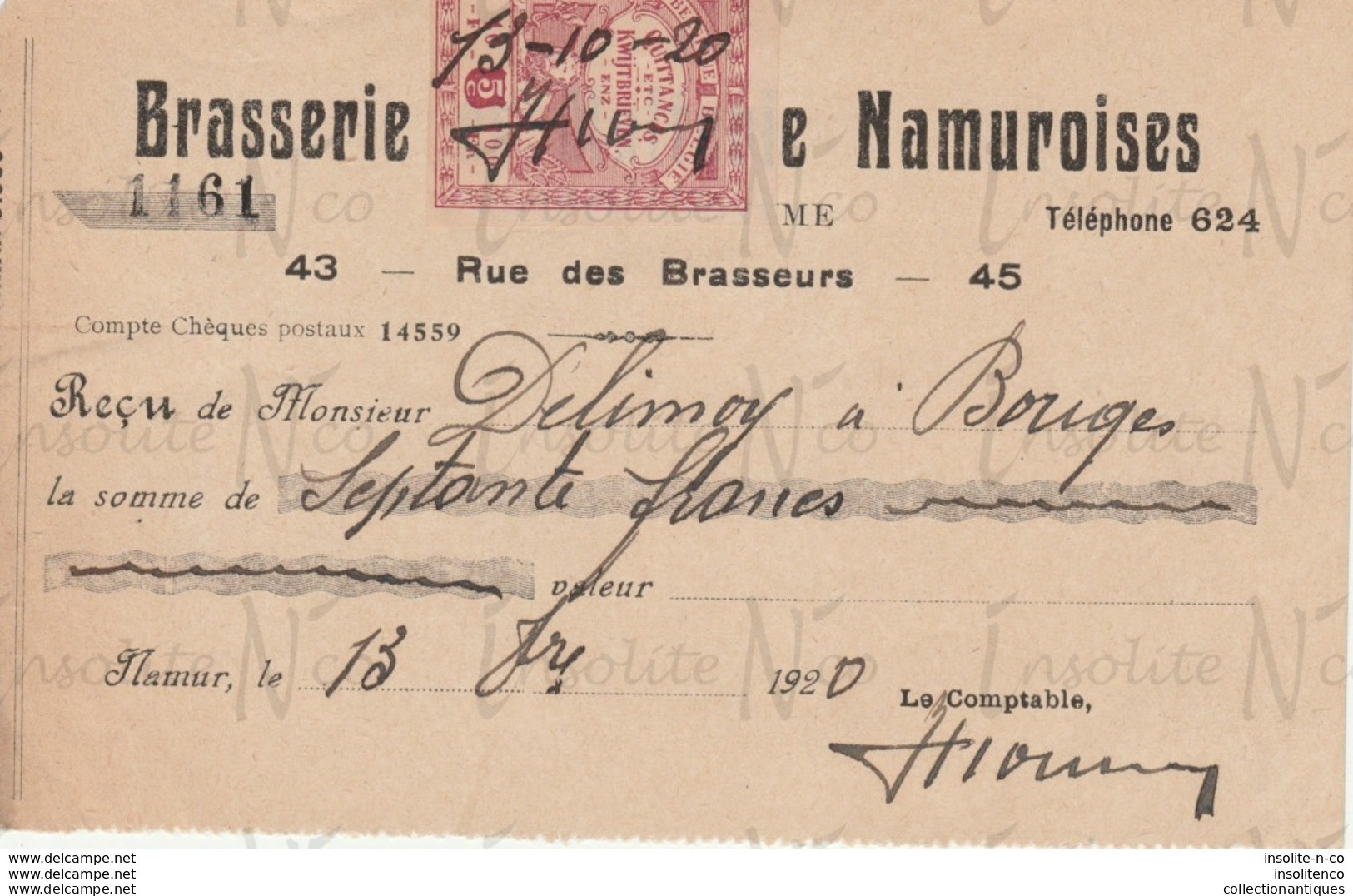 Reçu De La S.A. Brasserie Et Malterie Namuroises Rue Des Brasseurs 43-45 Namur Datée Du 13 Octobre 1920 - Straßenhandel Und Kleingewerbe