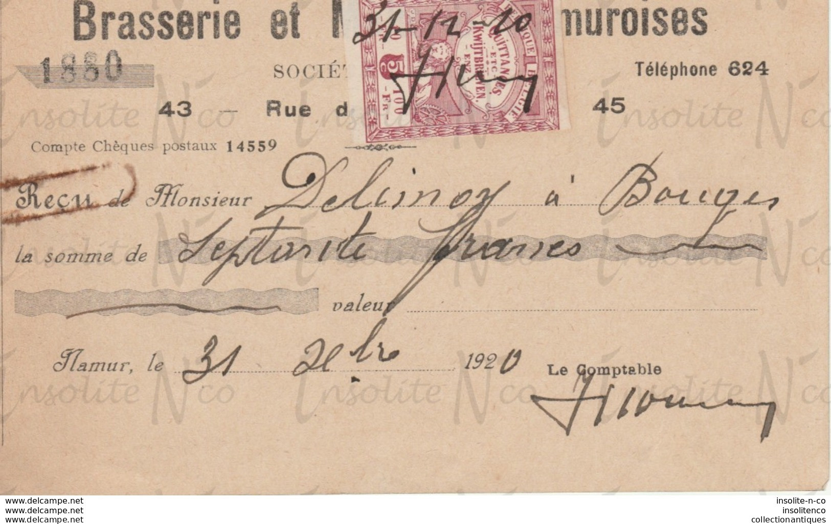 Reçu De La S.A. Brasserie Et Malterie Namuroises Rue Des Brasseurs 43-45 Namur Datée Du 31 Décembre 1920 - Ambachten