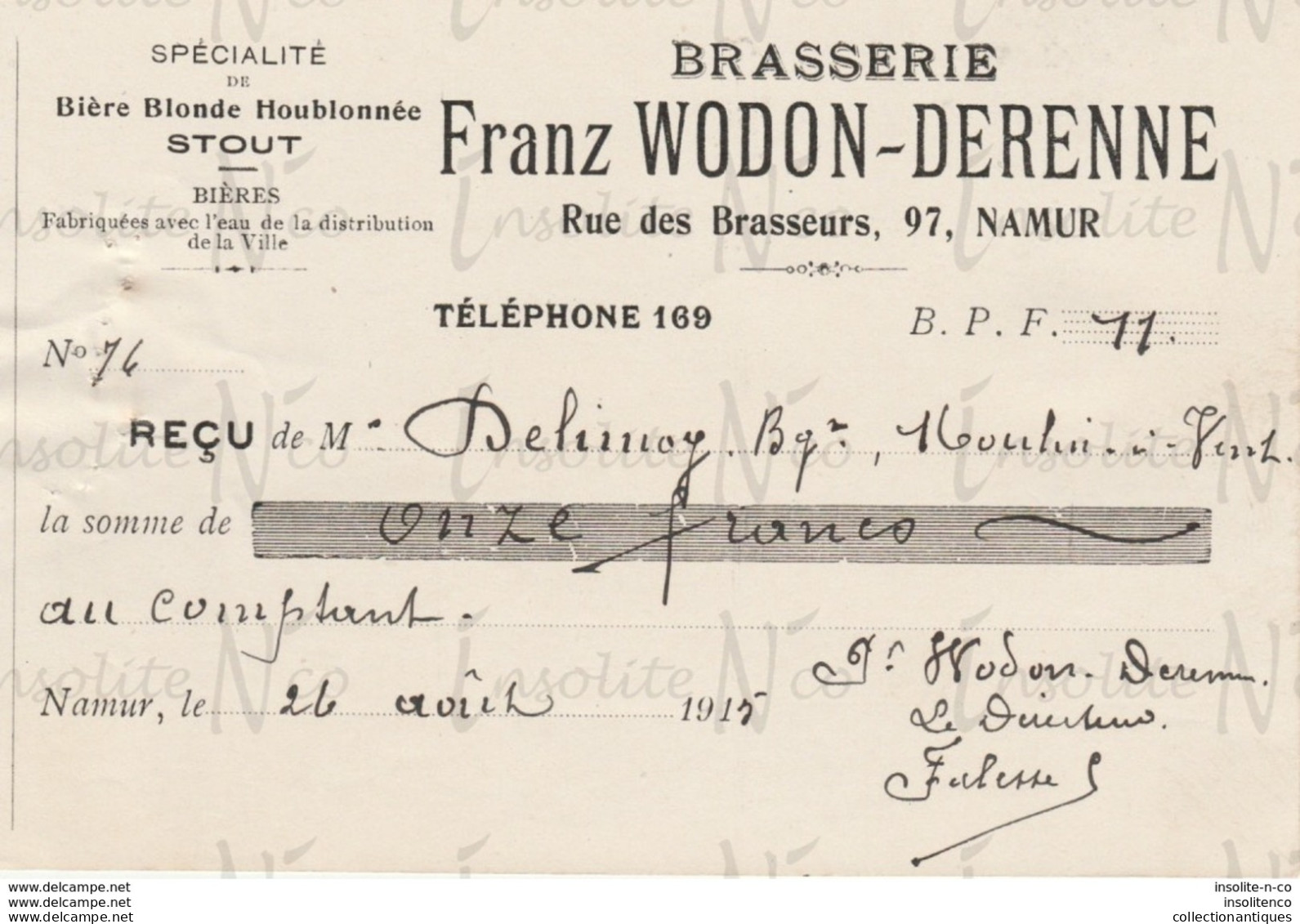 Reçu De La Brasserie Franz Wodon-Derenne Rue Des Brasseurs 97 Namur Datée Du 26 Août 1915 - Straßenhandel Und Kleingewerbe