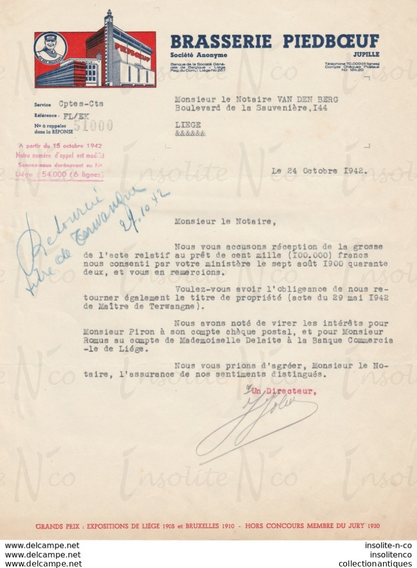 Courrier De La Brasserie Piedboeuf S.A. De Jupille Adressée Au Notaire Van Den Berg De Liège Datée Du 24/10/1942 WWII - Straßenhandel Und Kleingewerbe