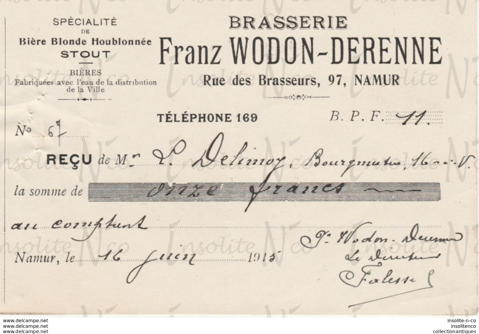 Reçu De La Brasserie Franz Wodon-Derenne Rue Des Brasseurs 97 Namur Datée Du 16 Juin 1915 - Petits Métiers